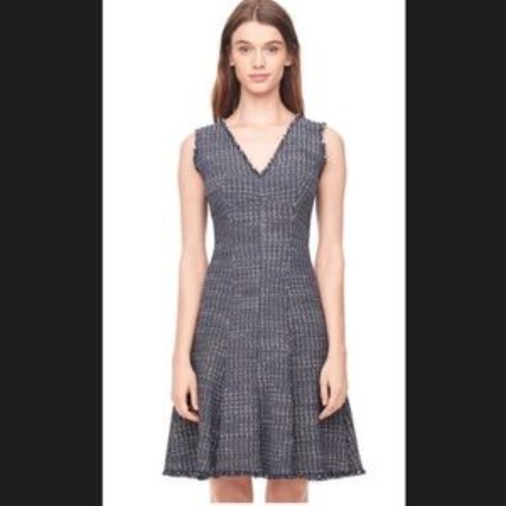 Rebecca Taylor Multi Tweed V-Neck Navy and Pink Fit and Flare Dress